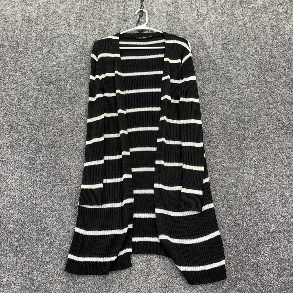 Doe & Rae Cardigan Womens Small Black White Striped Ribbed Open Front Duster